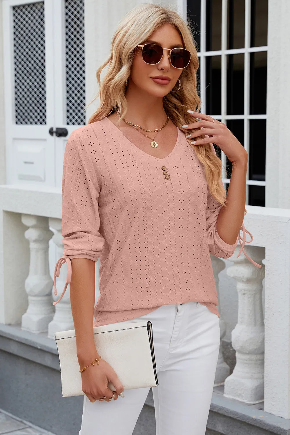 Eyelet Drawstring V-neck Half Sleeve T-shirt (11)