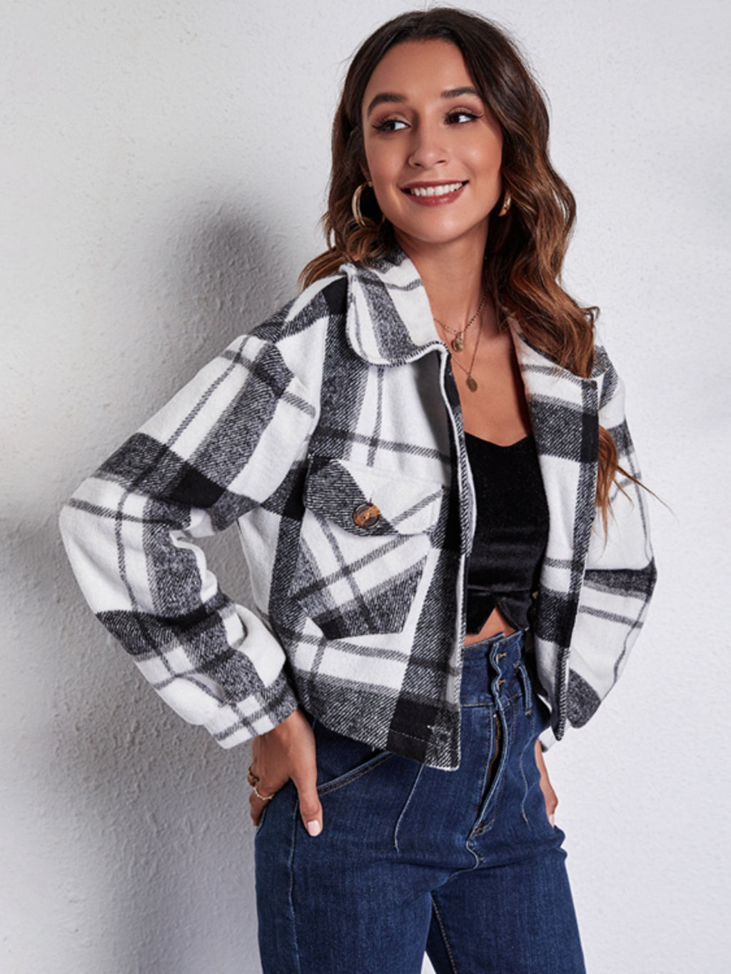Plaid Button Front Jacket Pockets
