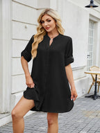 Notched Long Sleeve Mini Shirt Dress (8)