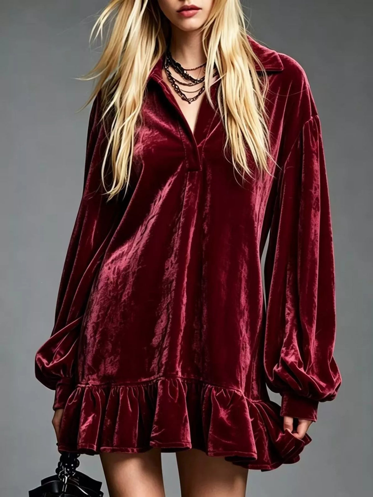 Full Size Velvet Ruffled Hem Long Sleeve Dress Plus (13)