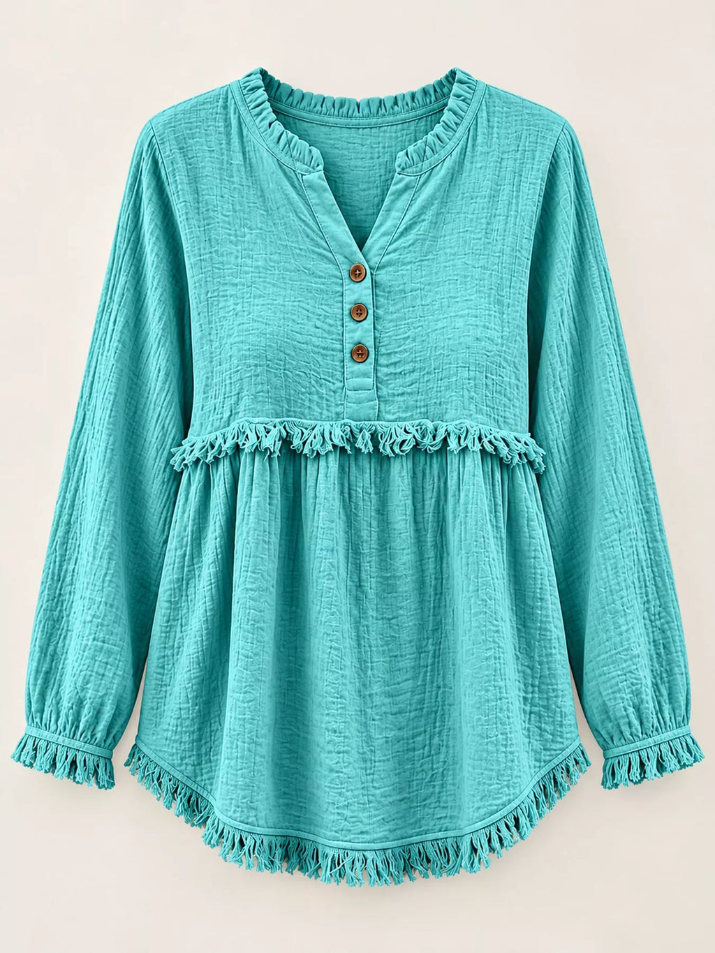 Full Size Frayed Hem Button Detail Blouse Plus (44)