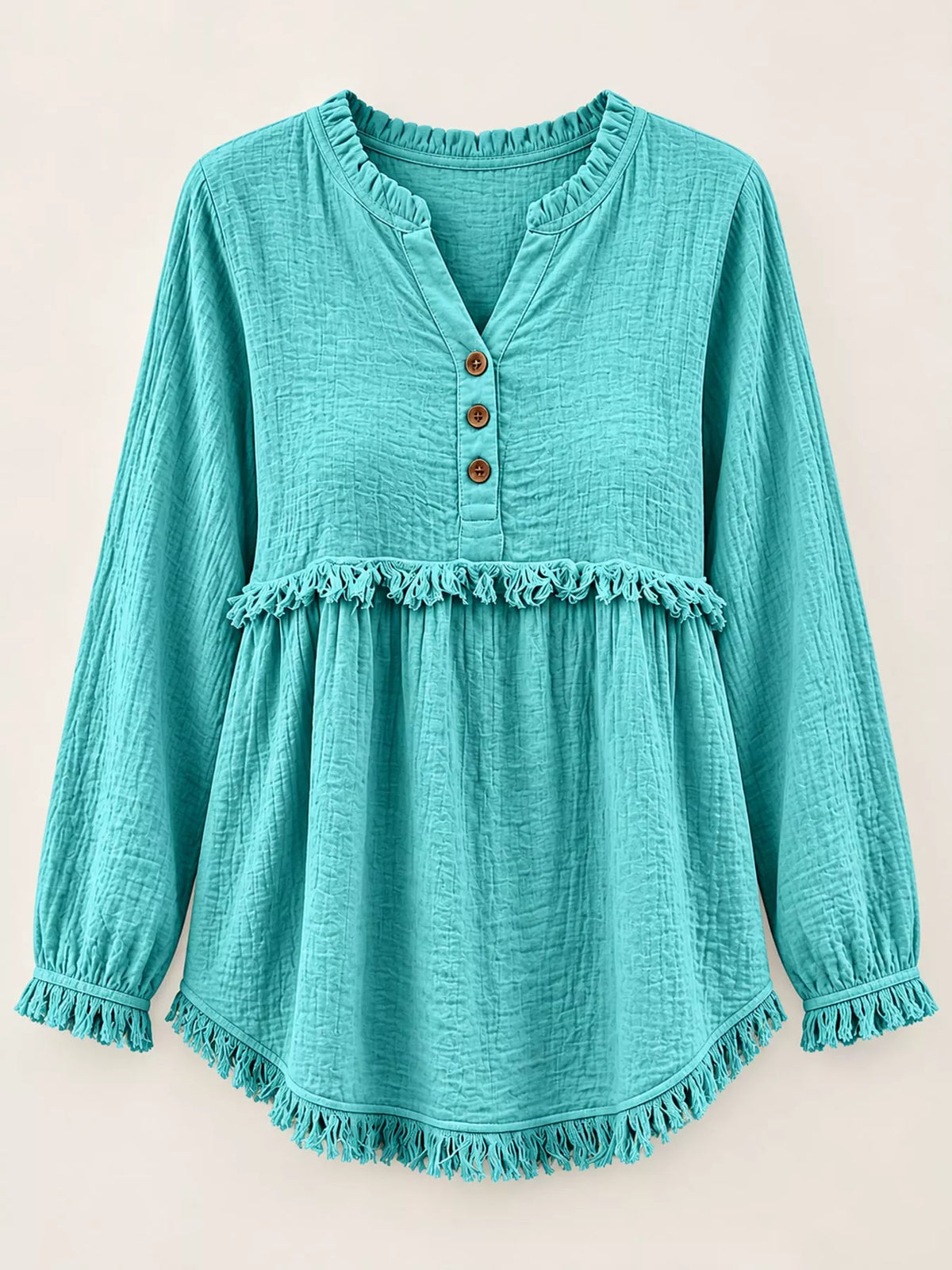 Full Size Frayed Hem Button Detail Blouse Plus (44)