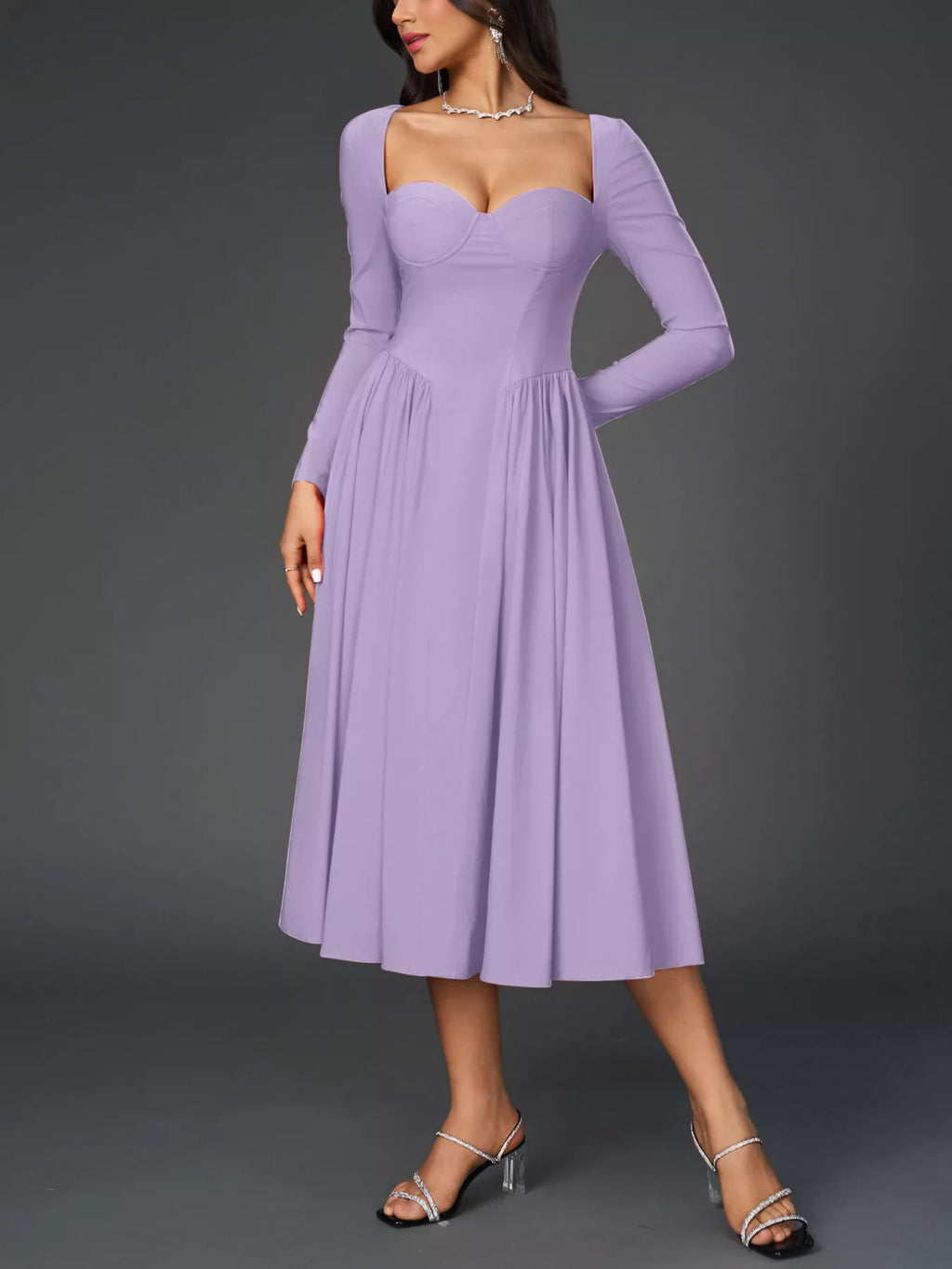 Sweetheart Neckline Long Sleeve A-line Midi Dress (22)