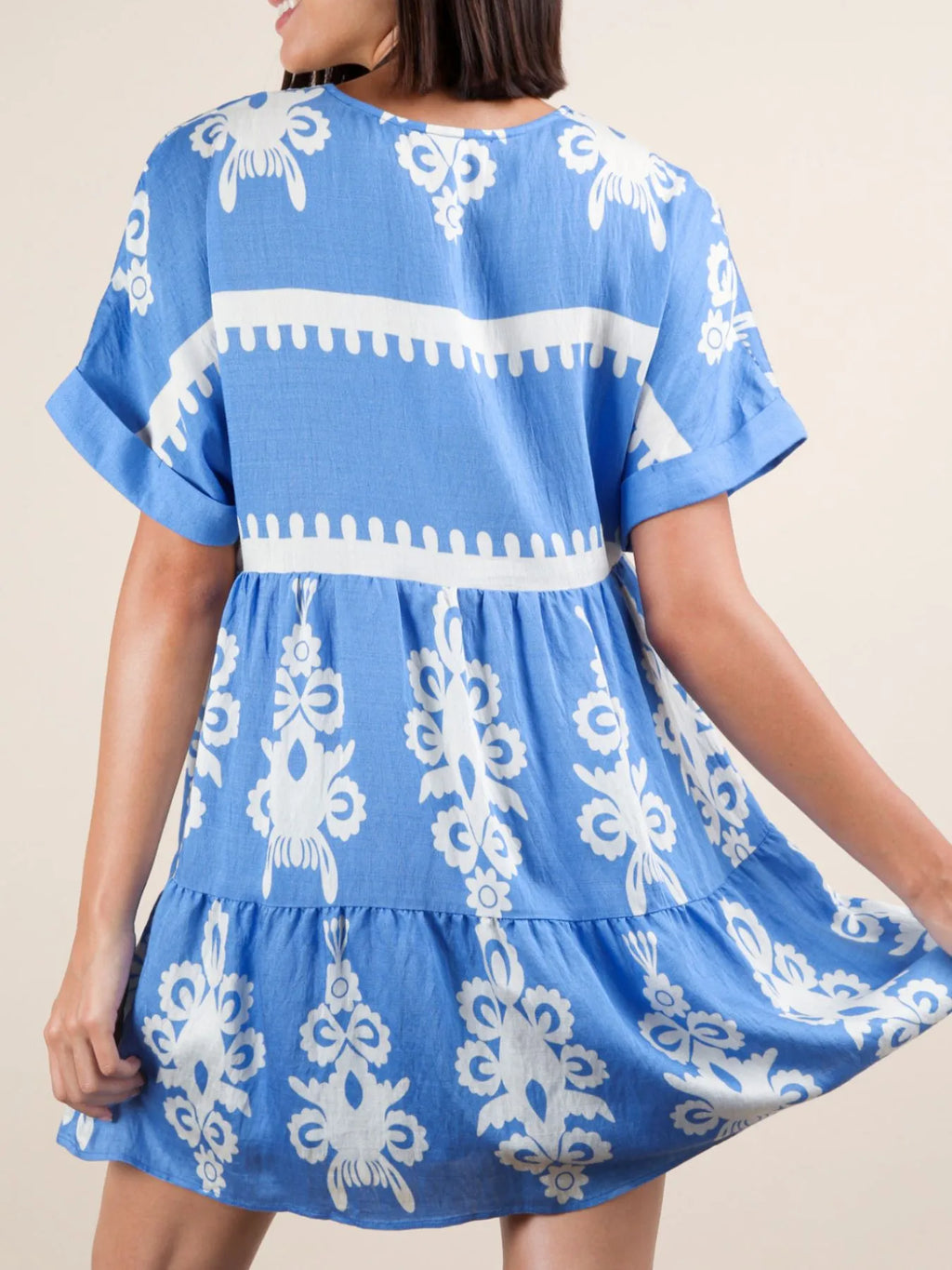 Printed V-neck Short Sleeve Mini Dress (19)