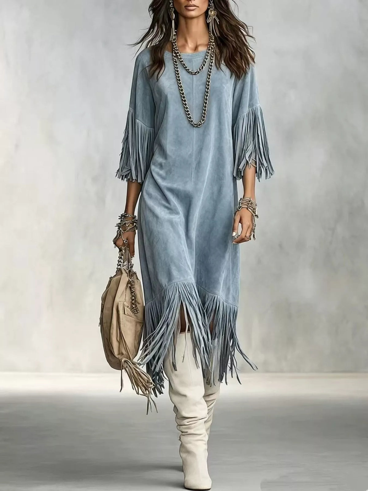 Fringed Round Neck Midi Dress (3)