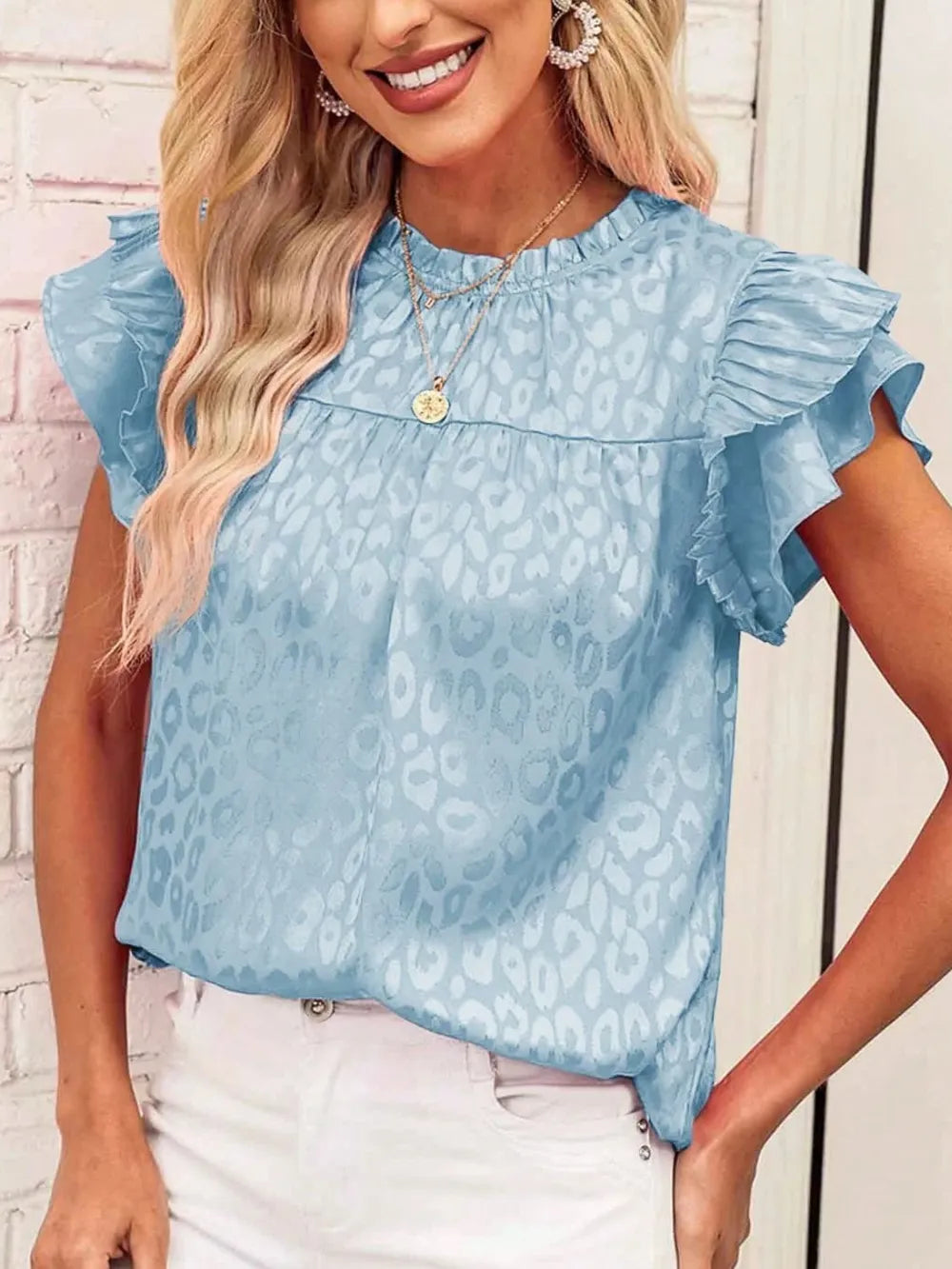 Leopard Frill Mock Neck Ruffled Cap Sleeve Top (9)