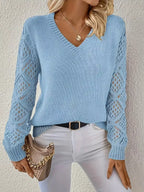 Openwork V-neck Long Sleeve Sweater (22)