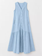 Full Size V-neck Button Front Sleeveless Midi Dress Plus (14)