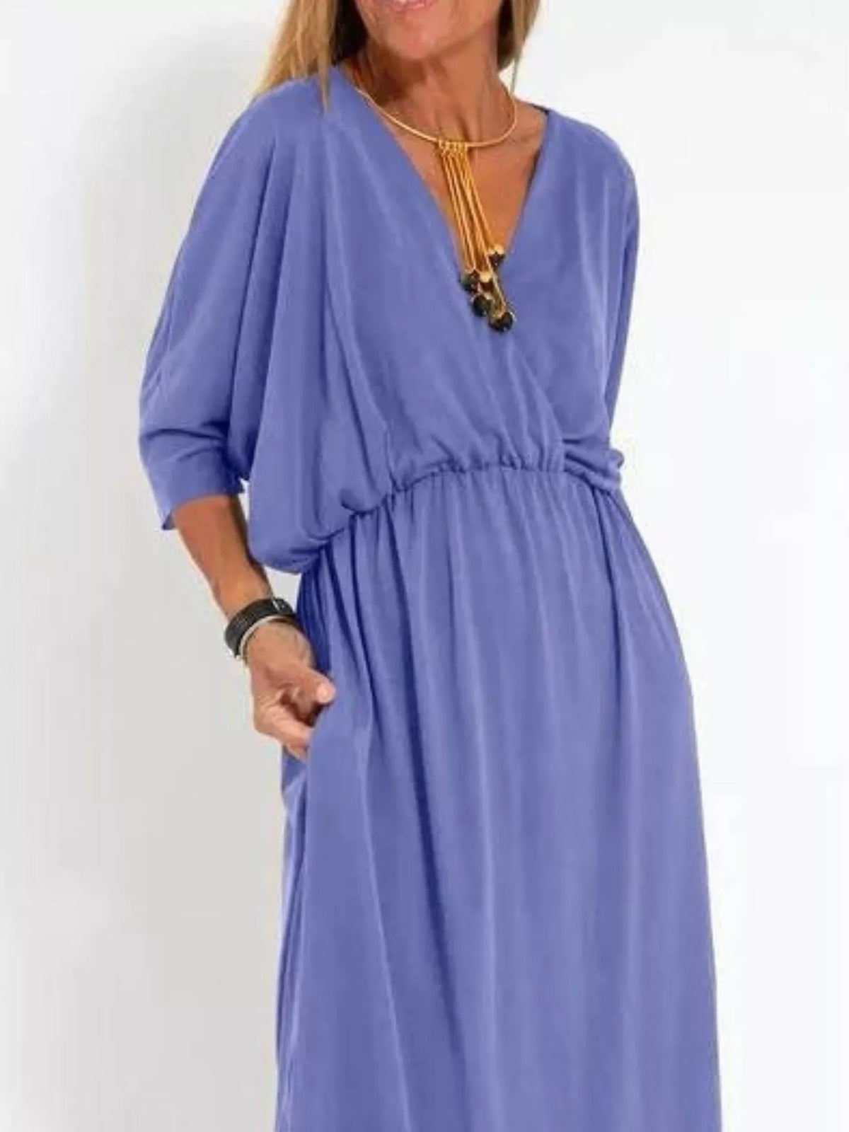 Full Size V-neck Batwing Sleeve Maxi Dress Side Slits Plus (14)