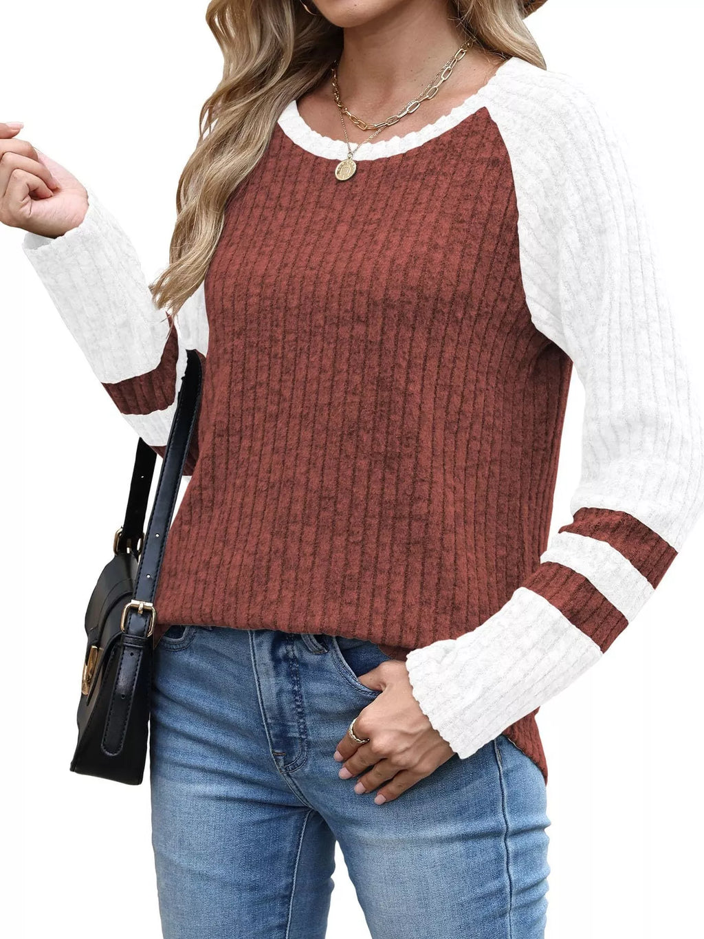 Ribbed Round Neck Raglan Sleeve Top (2)