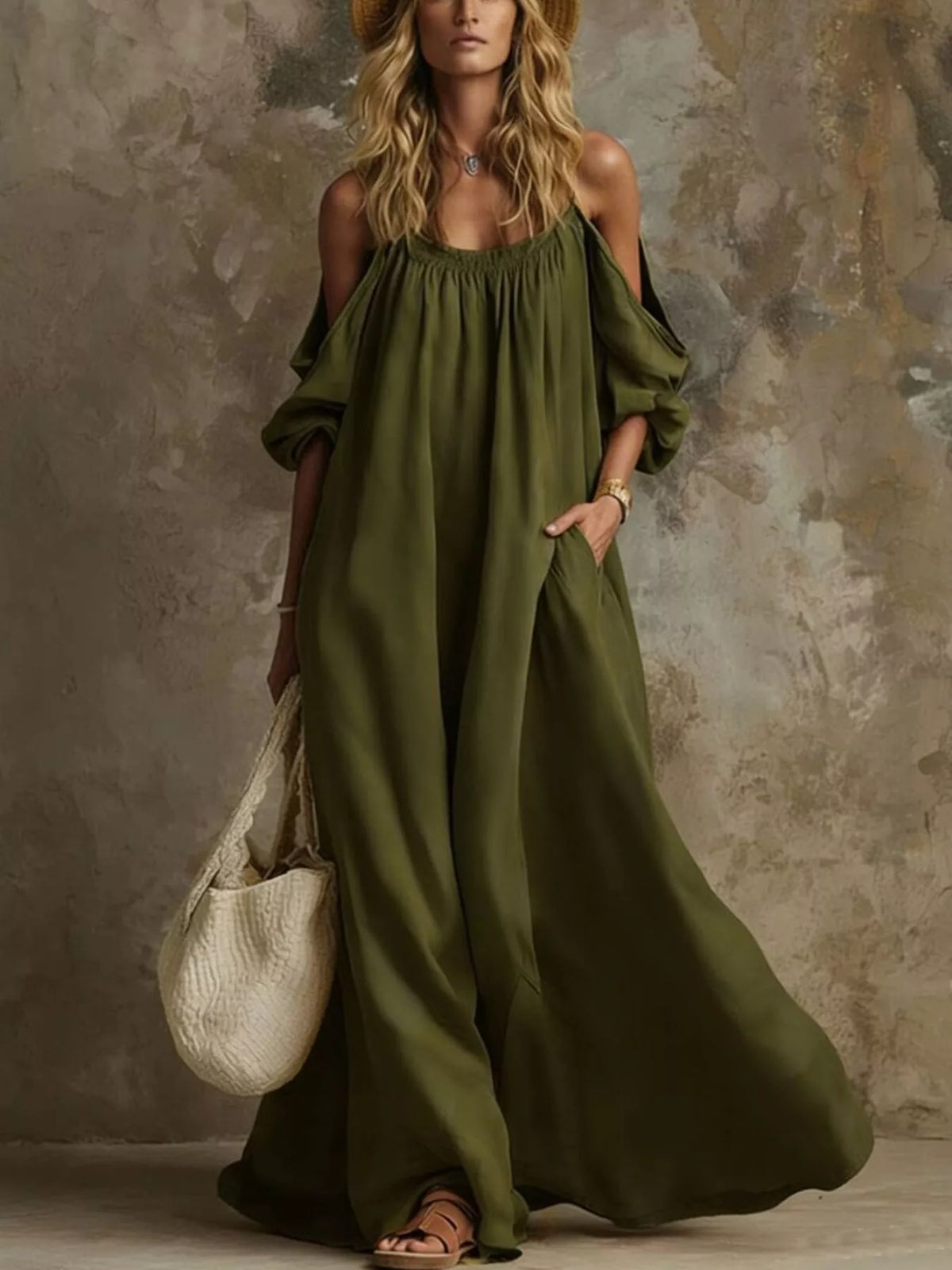Full Size Cold-shoulder Linen Maxi Dress Plus (4)
