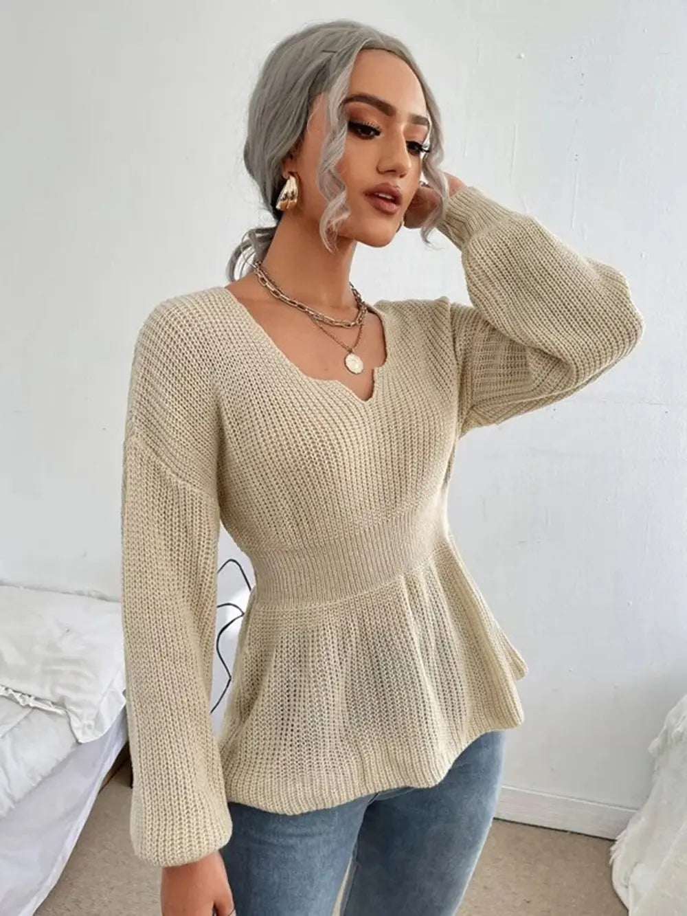Notched Dropped Shoulder Knit Top (15)