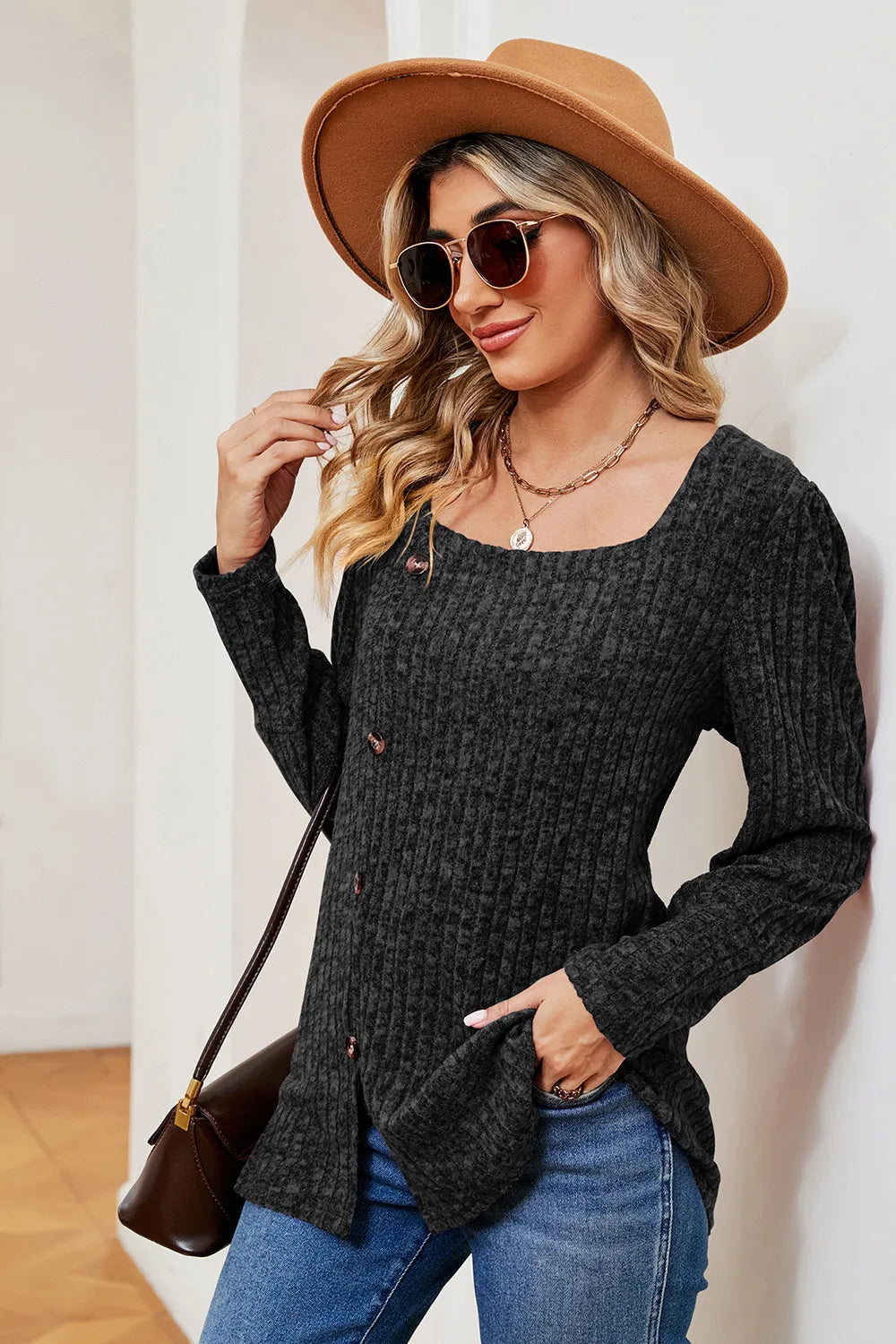 Decorative Button Square Neck T-shirt (8)