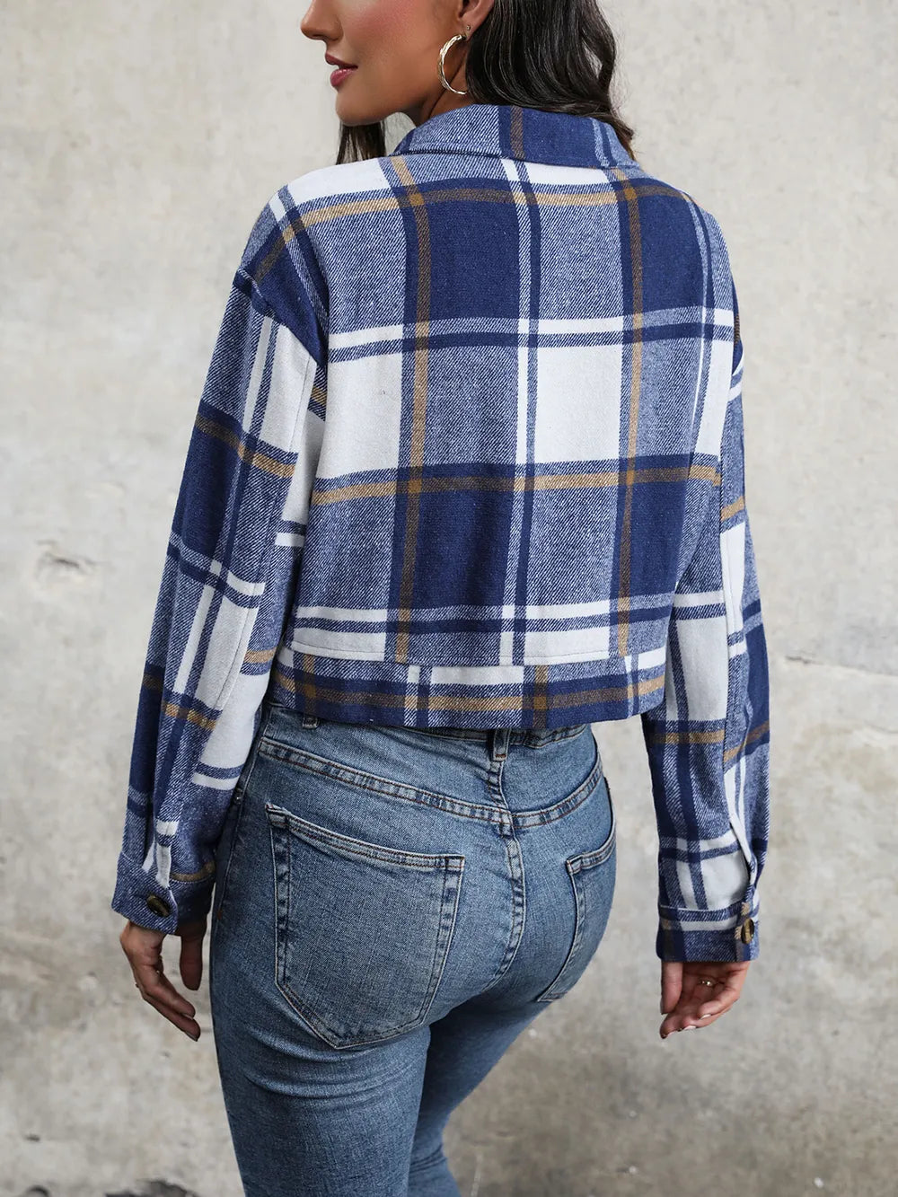 Plaid Button Up Drop Shoulder Cropped Jacket (13)