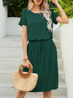 Round Neck Short Sleeve Slit Dress Pockets (3)