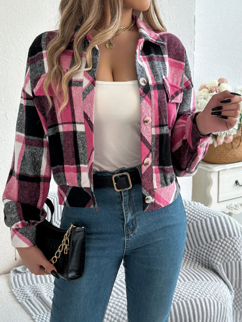 Plaid Button Up Long Sleeve Jacket (25)