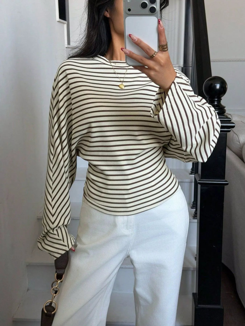 Casual Striped Batwing Sleeve T-shirt (4)
