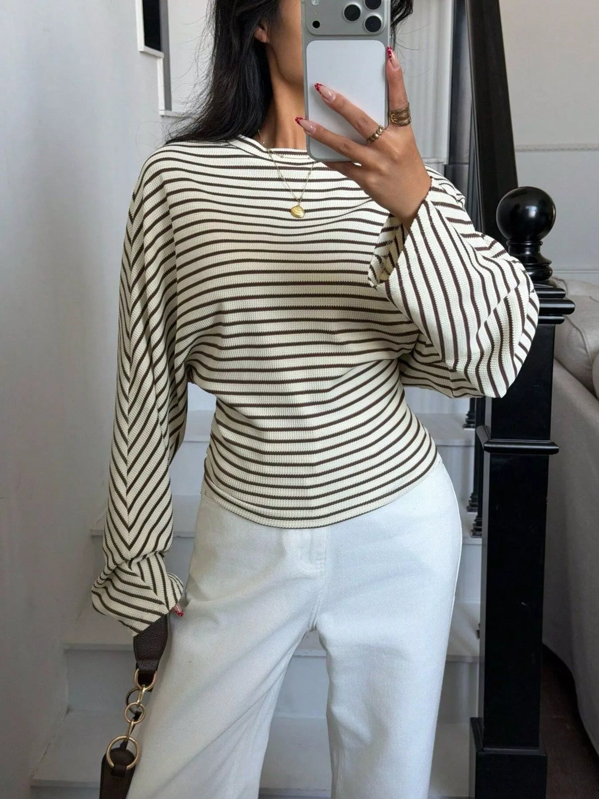 Casual Striped Batwing Sleeve T-shirt (4)