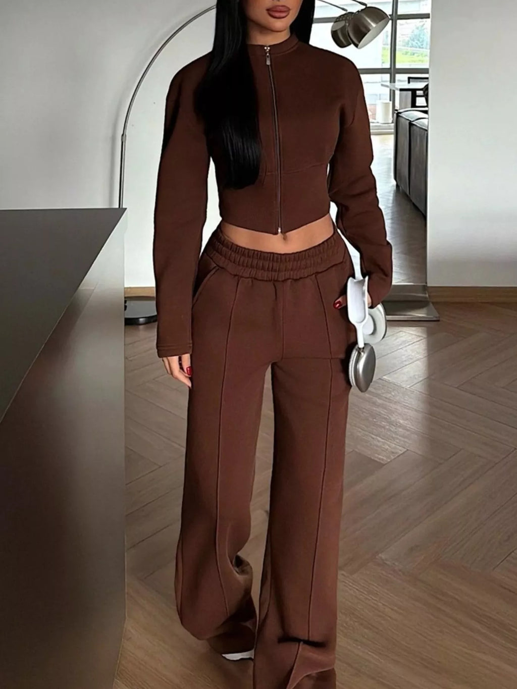Zip-up Crop Jacket Wide-leg Pants Set (11)