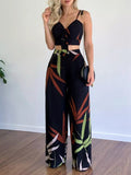 Tropical Print Spaghetti Strap Crop Top Wide Leg Pants Set