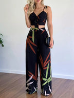 Tropical Print Spaghetti Strap Crop Top Wide Leg Pants Set