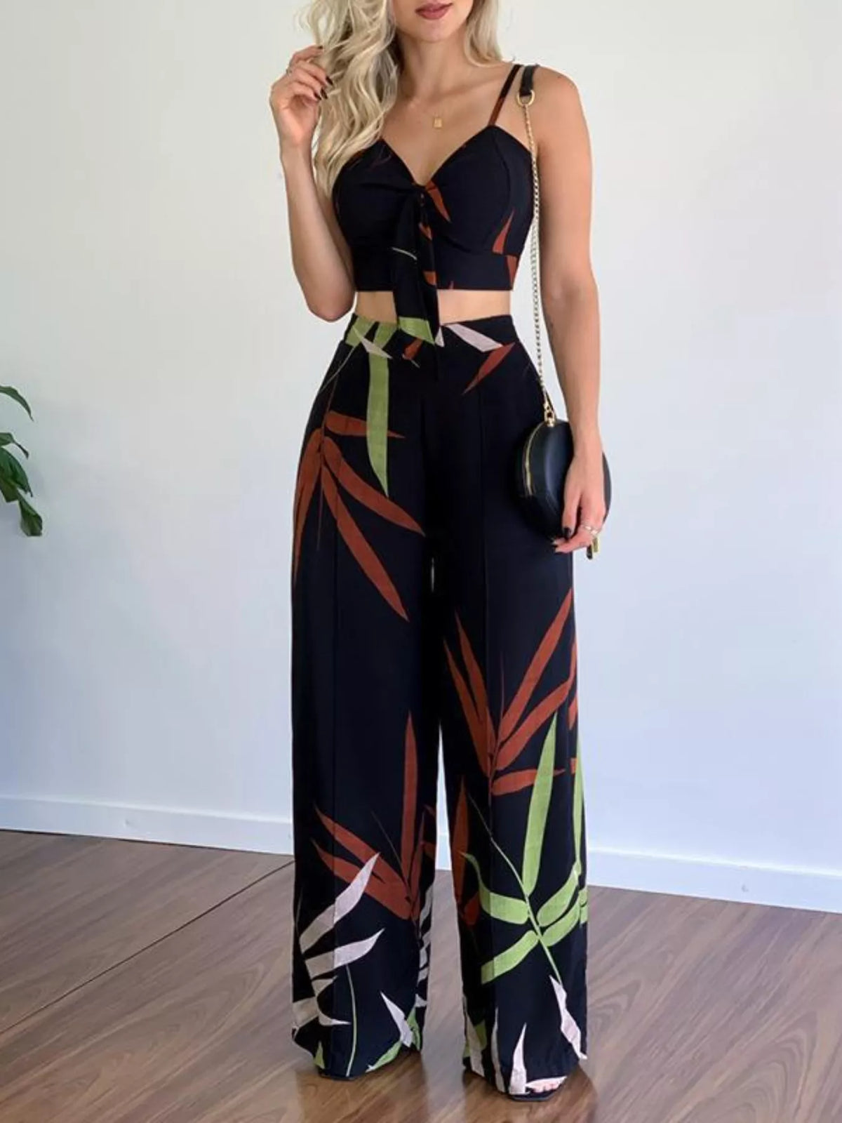 Tropical Print Spaghetti Strap Crop Top Wide Leg Pants Set