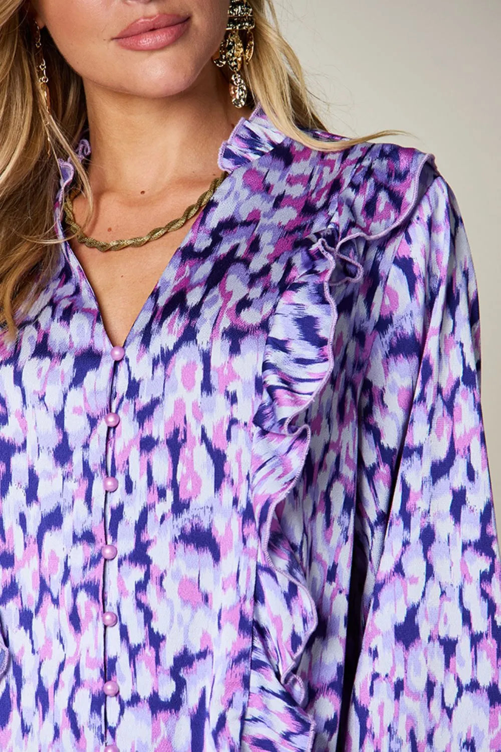 Full Size Printed Ruffle Trim Balloon Sleeve Shirt Plus (24)