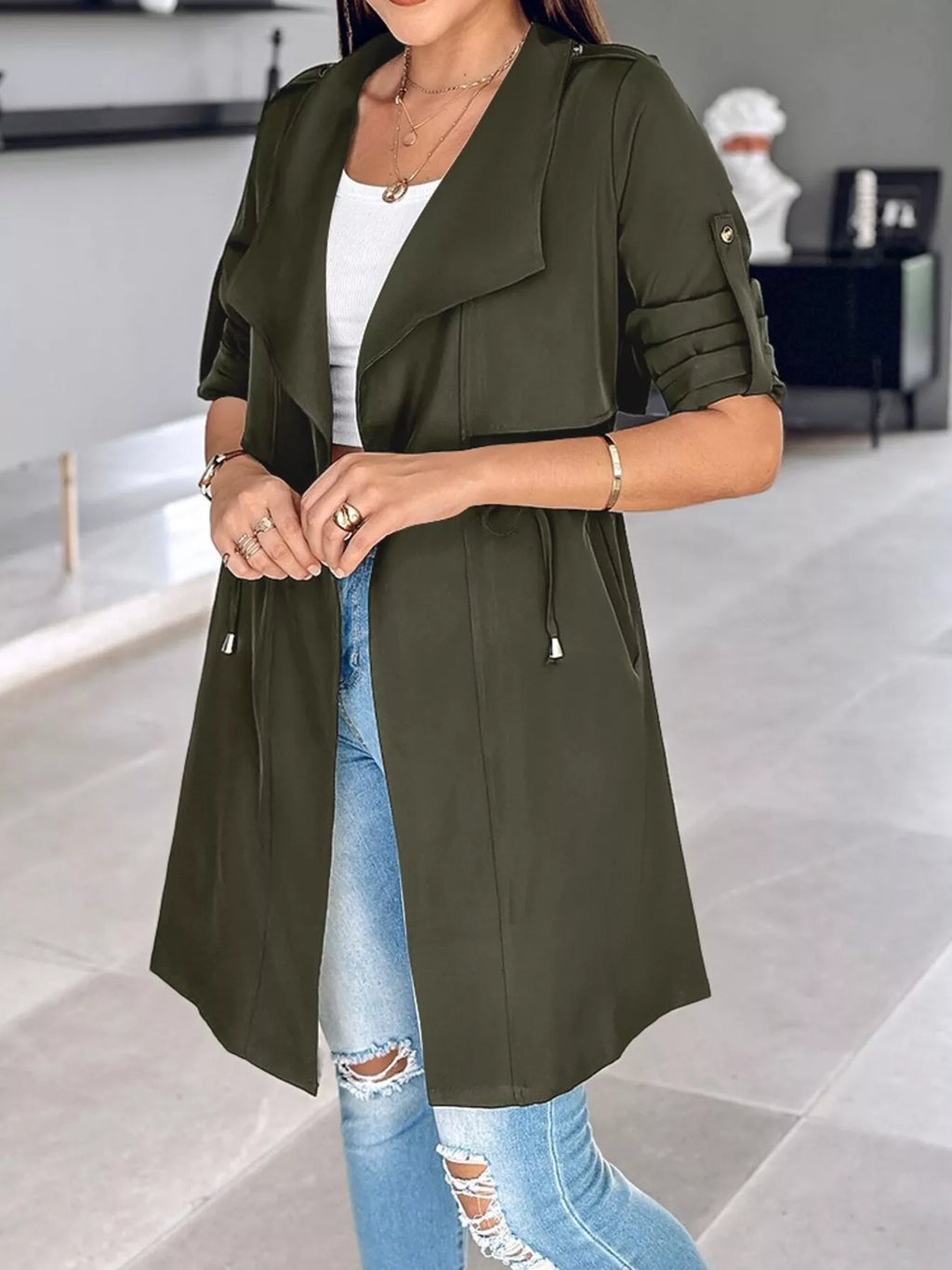 Drape Collar Lightweight Trench Coat (19)