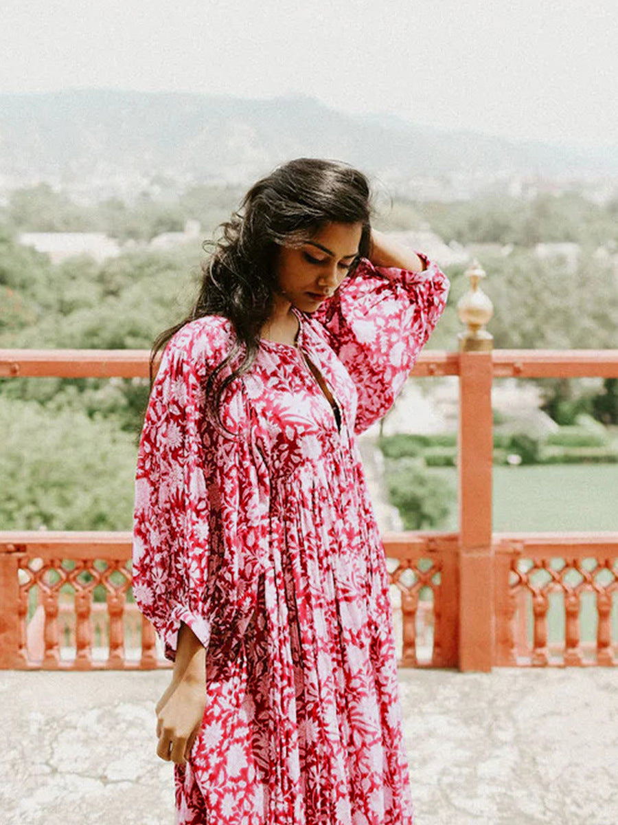 Floral Tie Neck Lantern Sleeve Dress (18)