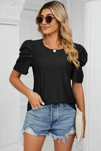 Eyelet Round Neck Puff Sleeve T-shirt (8)
