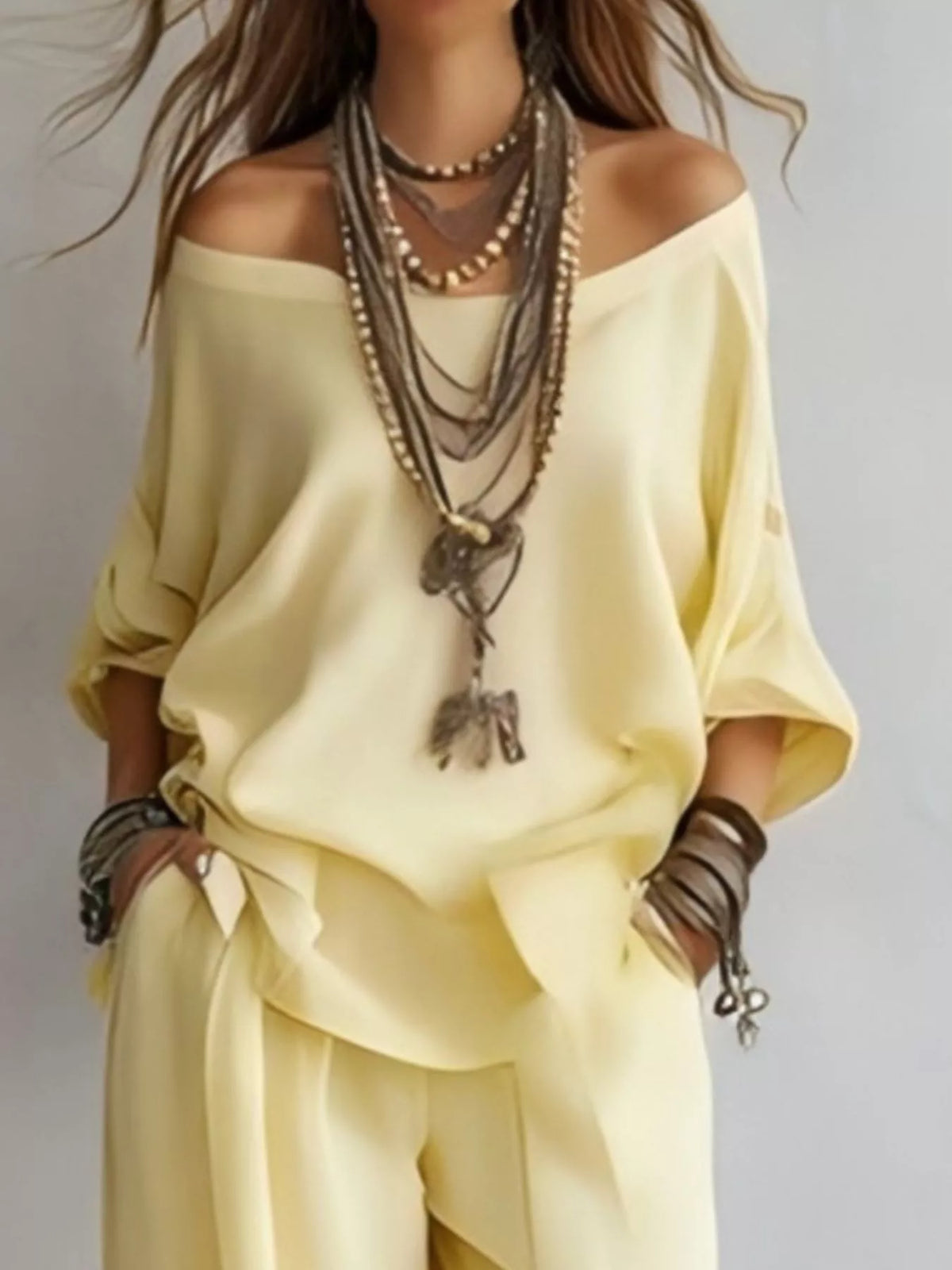 Off-shoulder Loose Fit Top Pants Two-piece Set (8)