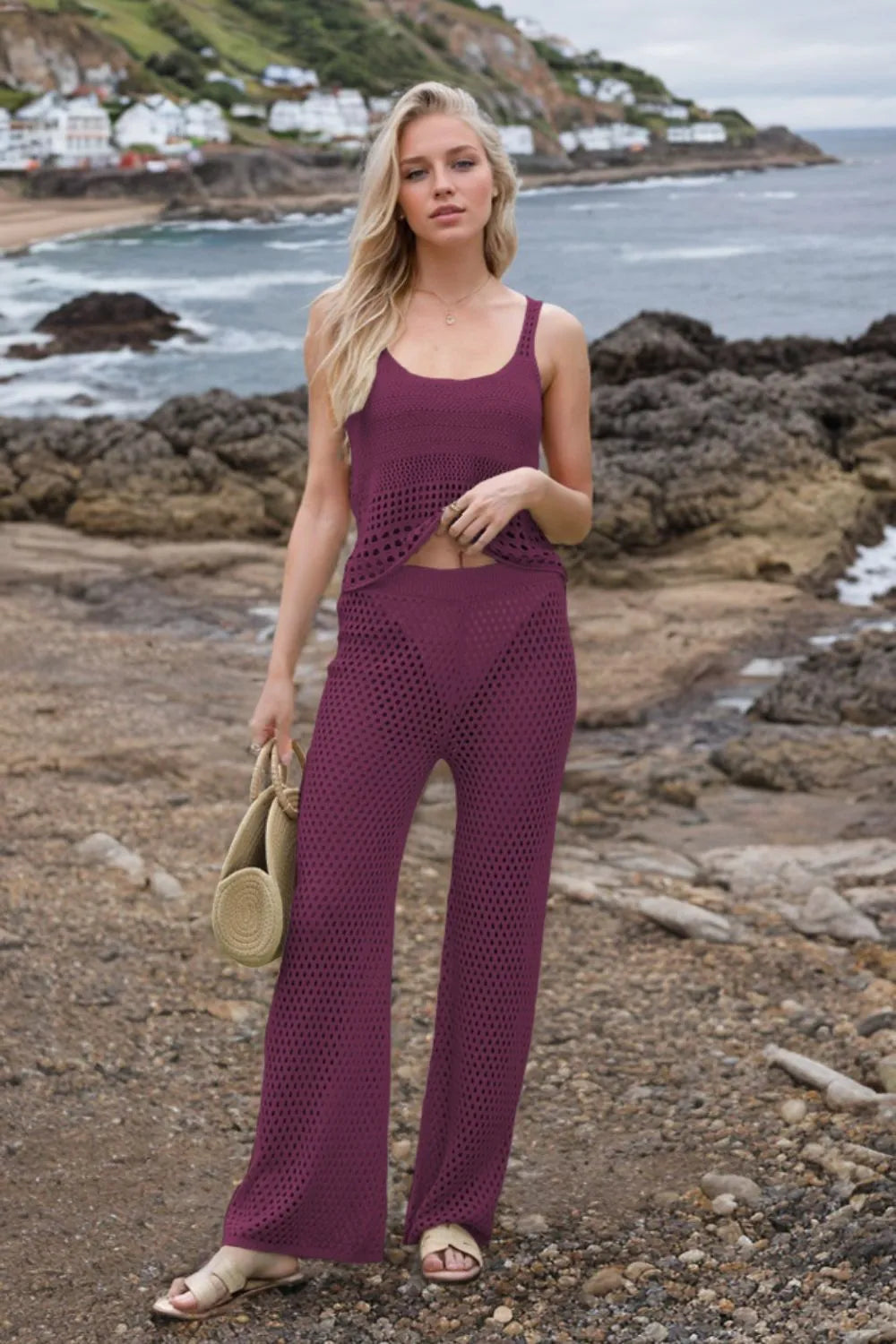 Hollow Out Round Neck Top Pants Sweater Cover Up Set (17)