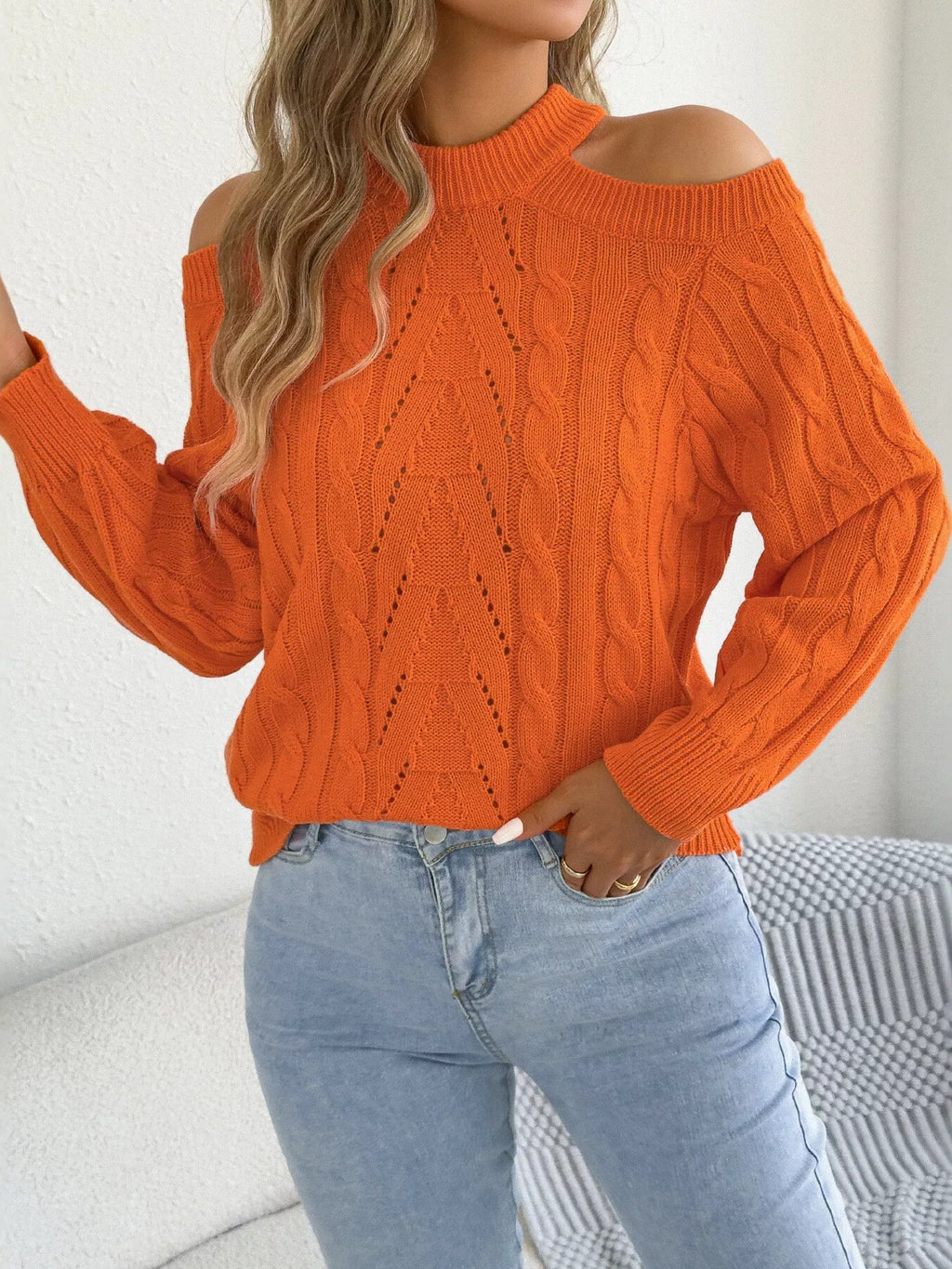 Cold Shoulder Cable Knit Sweater (5)