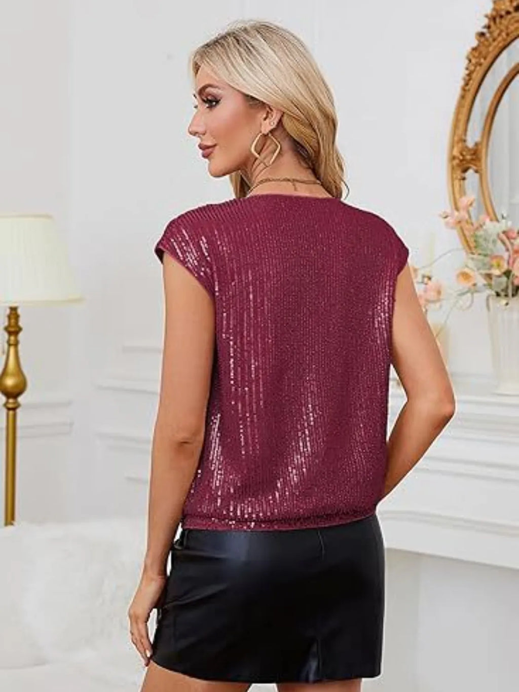 V-neck Sequin Cap Sleeve Top (2)