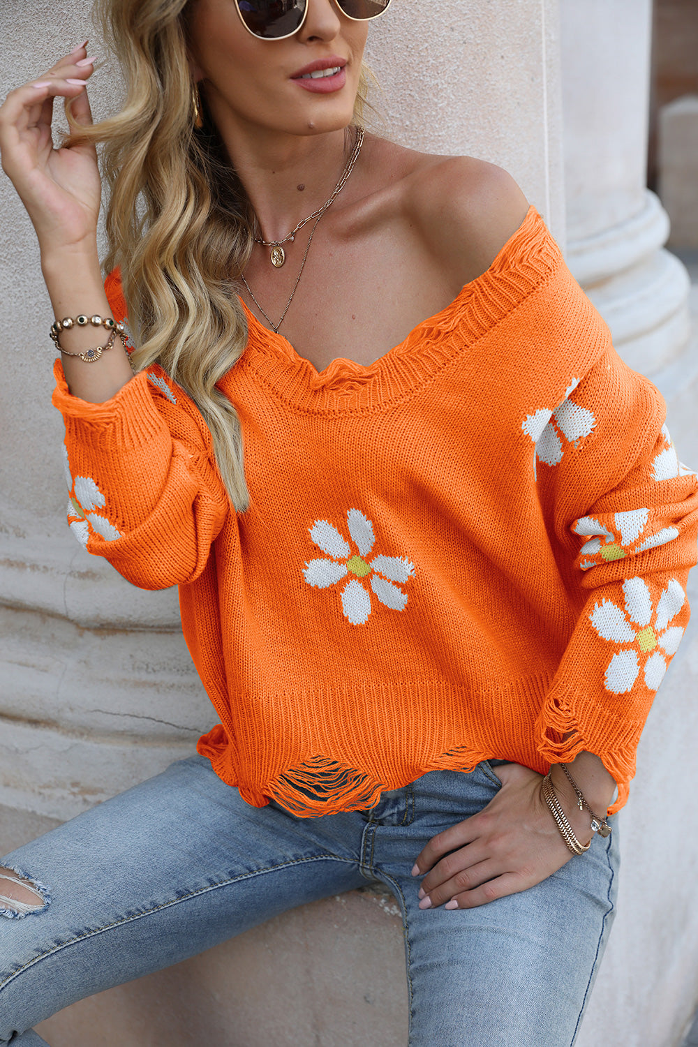 Flower Distressed Long Sleeve Sweater (14)