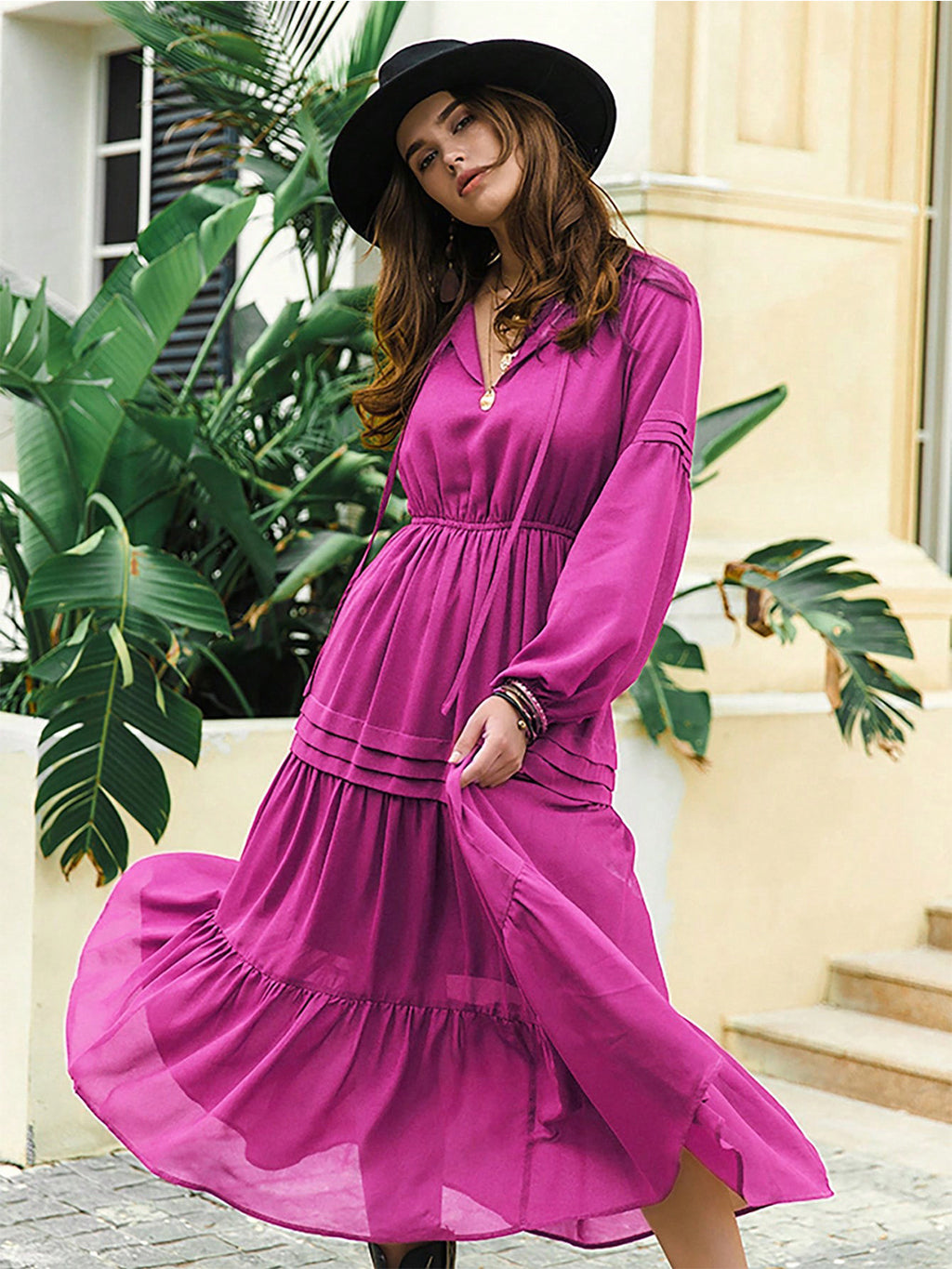 Tie Neck Long Sleeve Midi Tiered Dress (9)