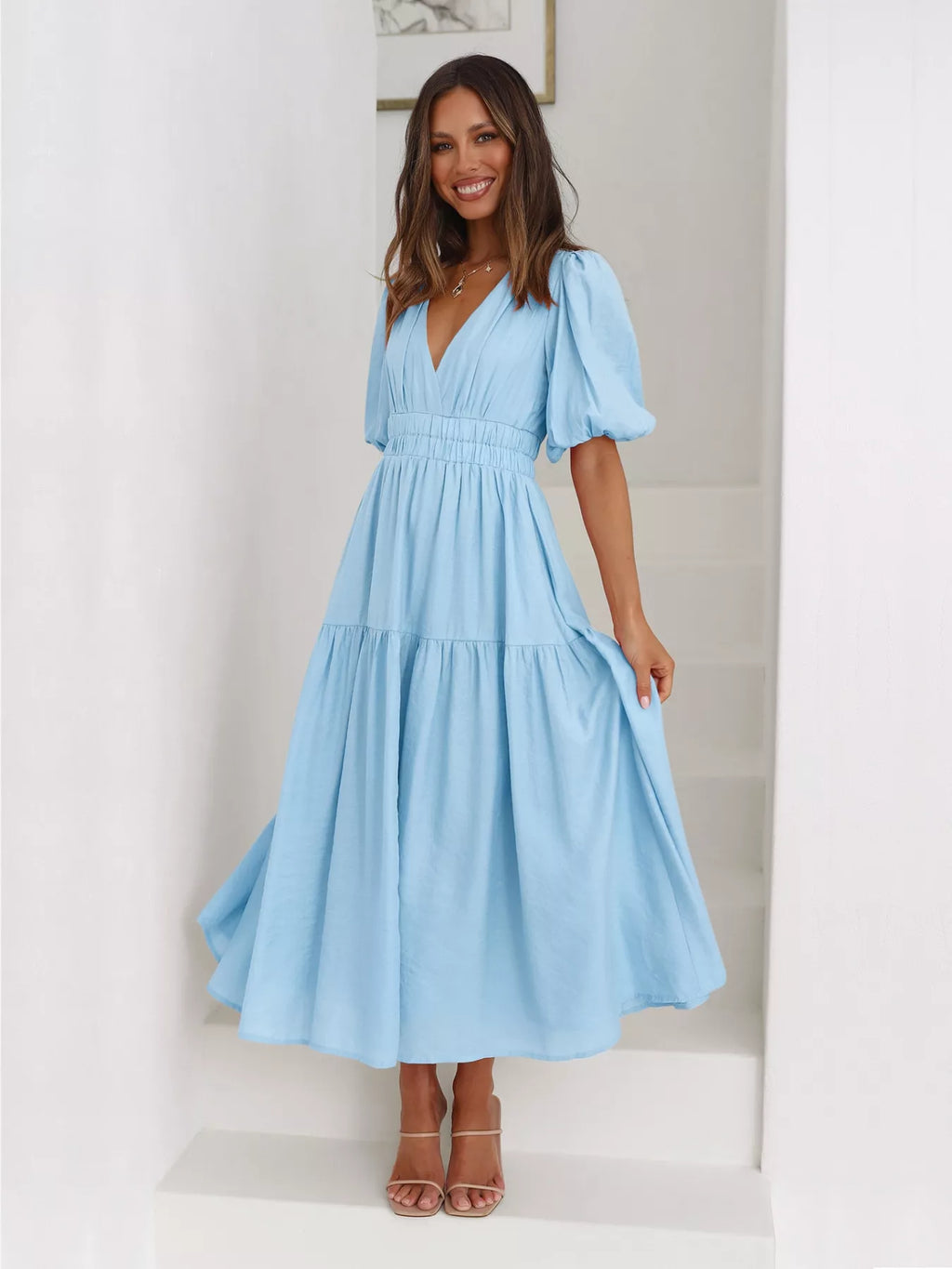 Tiered Puff Sleeve Midi Dress (6)