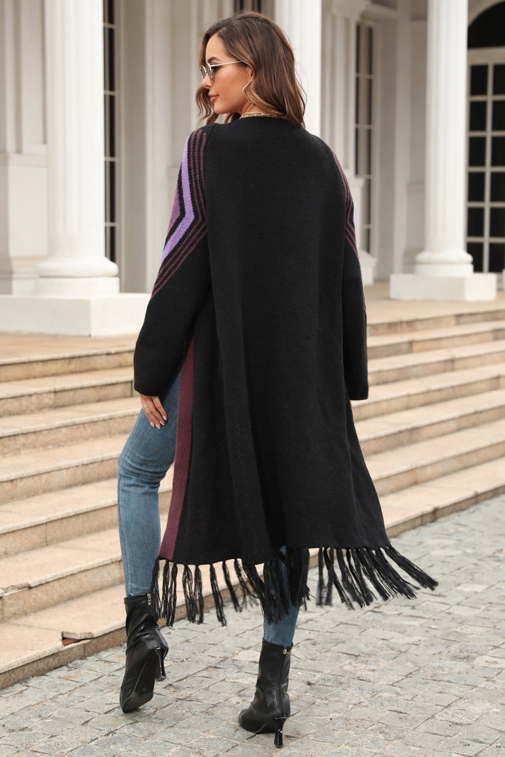 Geometric Fringe Hem Open Front Duster Cardigan (16)
