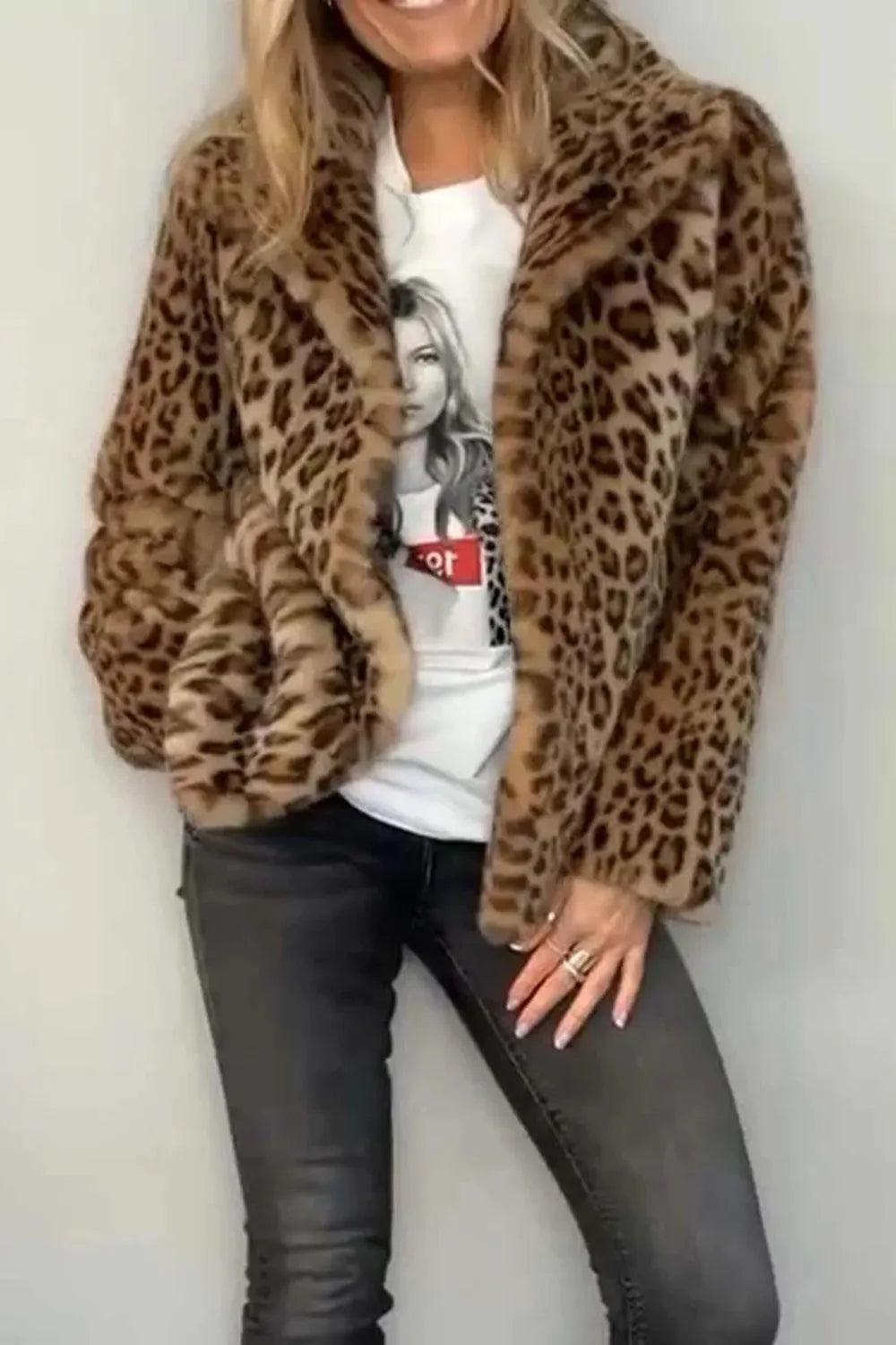 Full Size Leopard Furry Collared Neck Long Sleeve Coat (2)