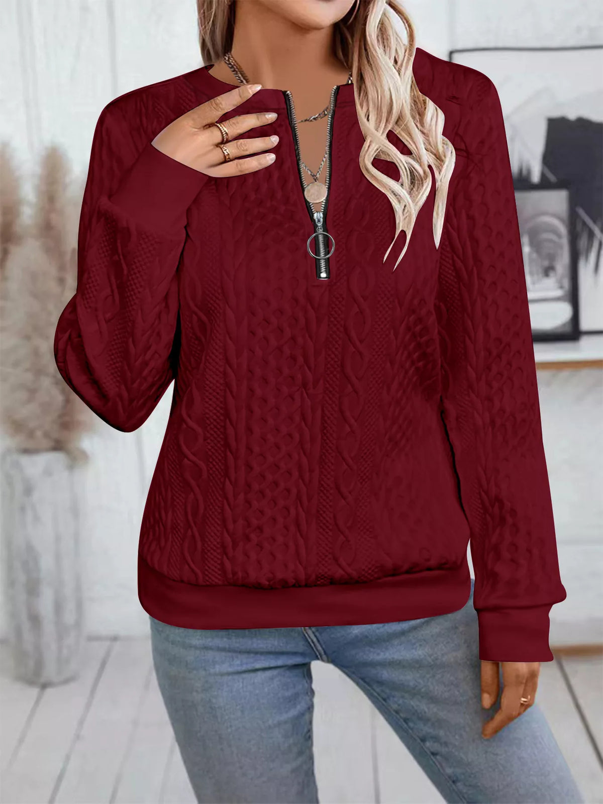 Chic Cable Texture Quarter-zip Sweatshirt (5)