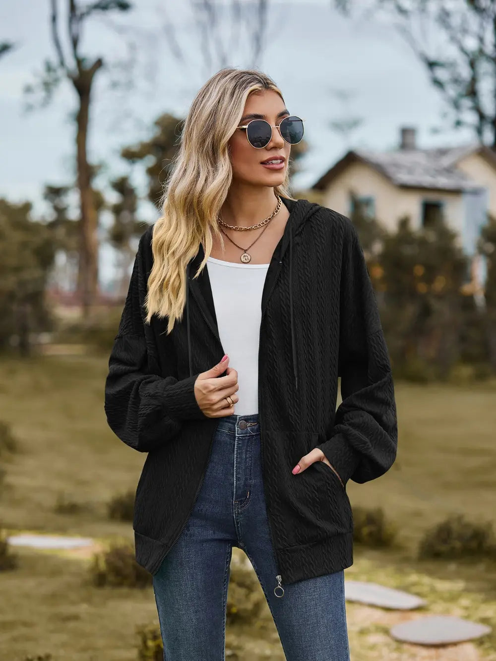 Zip Up Drawstring Long Sleeve Hooded Jacket (11)