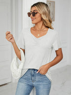 Ruched V-neck Short Sleeve T-shirt (20)