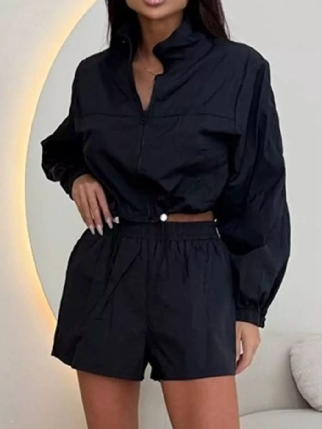 Zip-up Crop Jacket High-waisted Shorts Set (8)