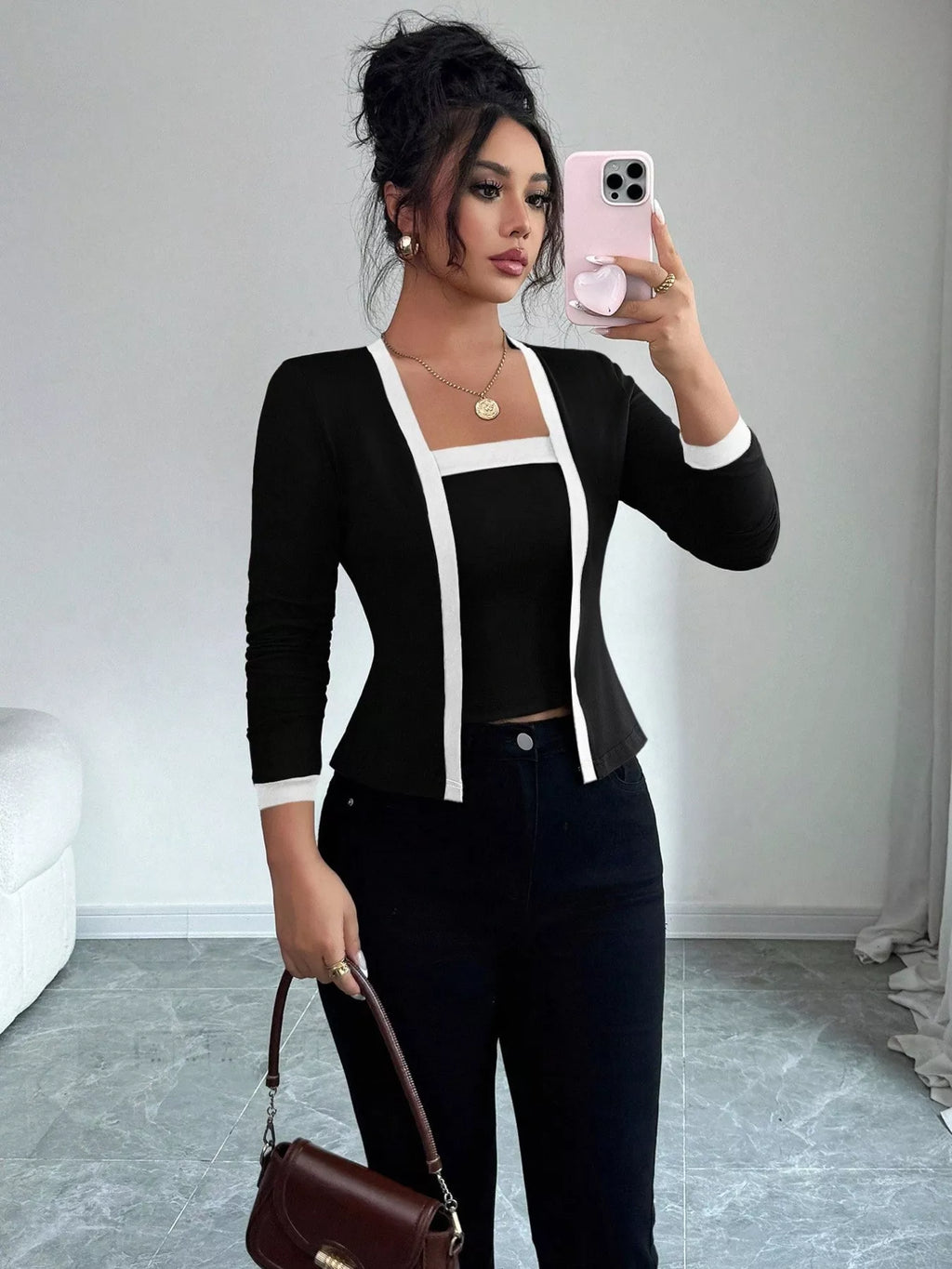 Contrast Trim Cardigan Tank Top Set (3)
