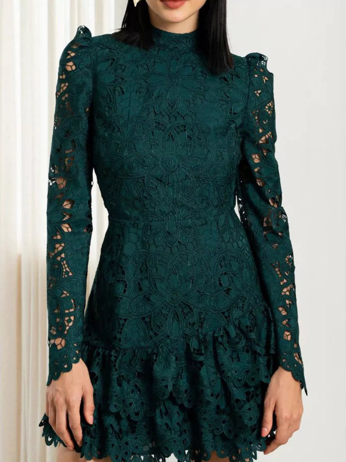 Lace Mock Neck Long Sleeve Mini Dress (4)