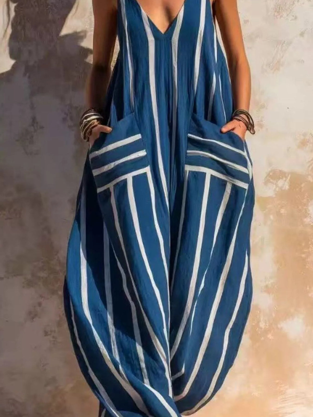 Striped V-neck Sleeveless Wide-leg Jumpsuit (6)