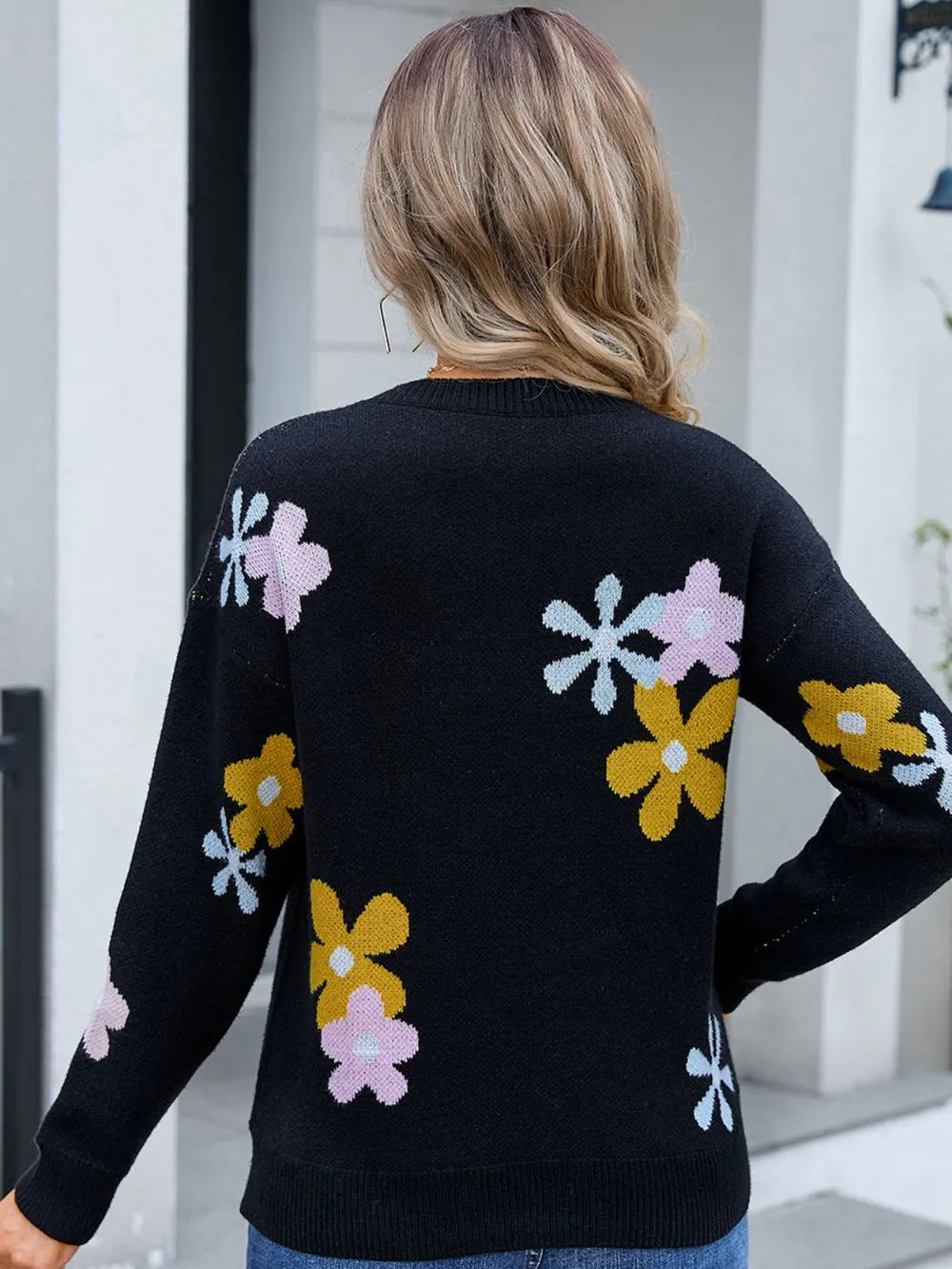 Flower Round Neck Dropped Shoulder Sweater (6)
