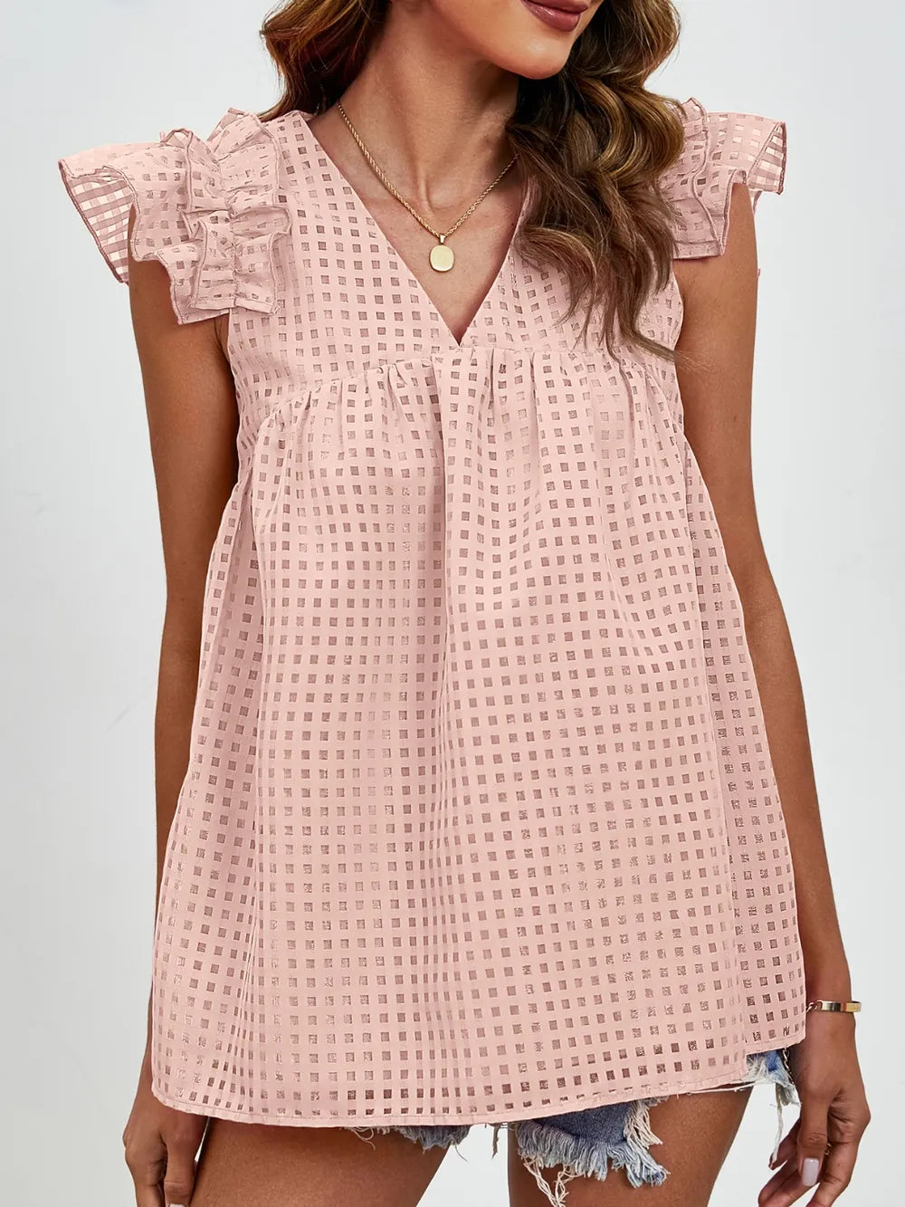 Ruched V-neck Cap Sleeve Blouse