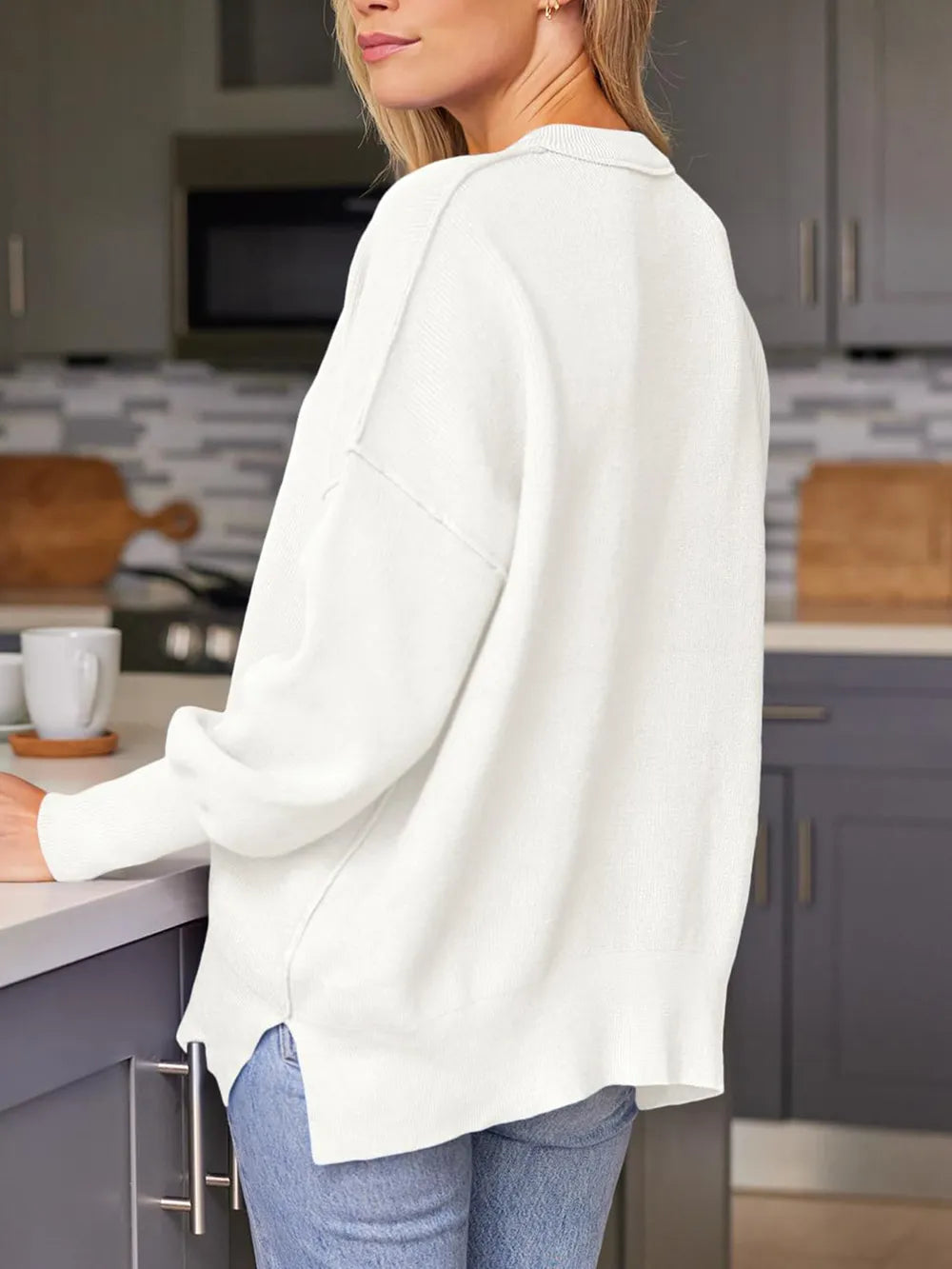 Slit Round Neck Dropped Shoulder Sweater (18)