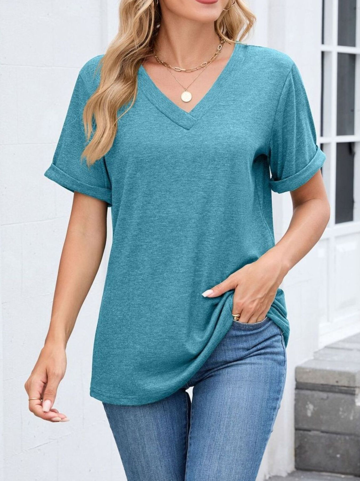 Casual V-neck Short Sleeve T-shirt (3)